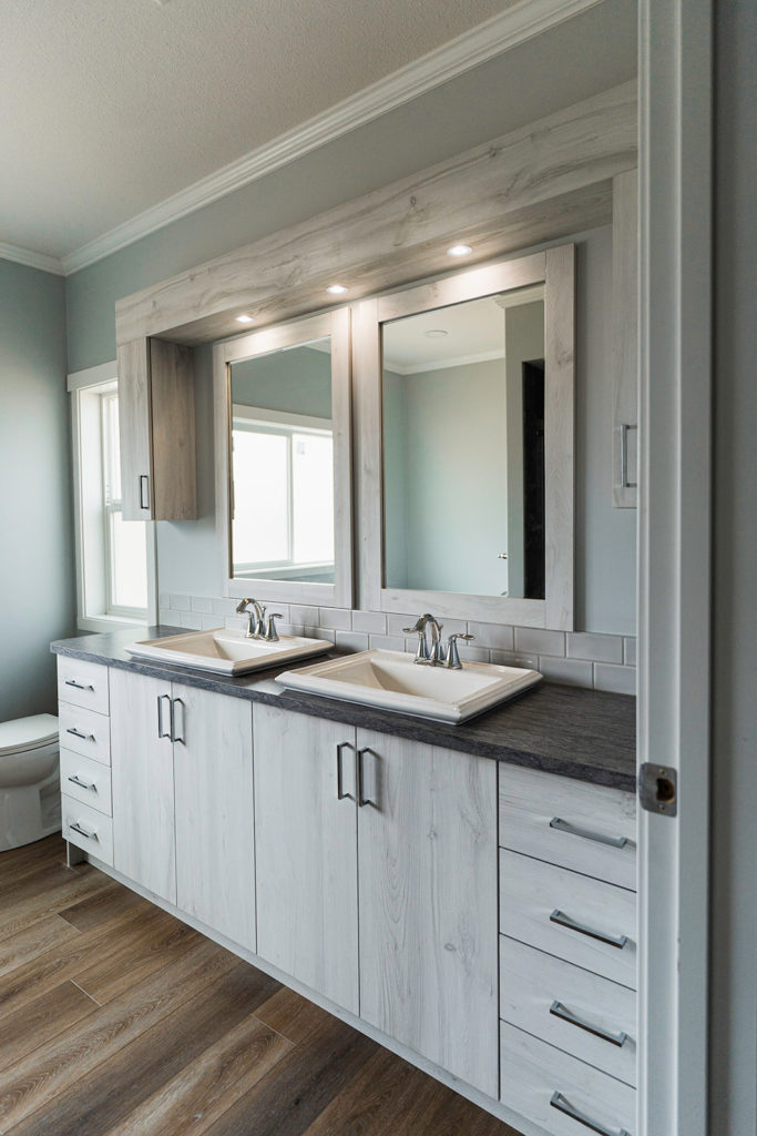 large double sink bathroom area in a countryside manufactured showhome in Salmon Arm